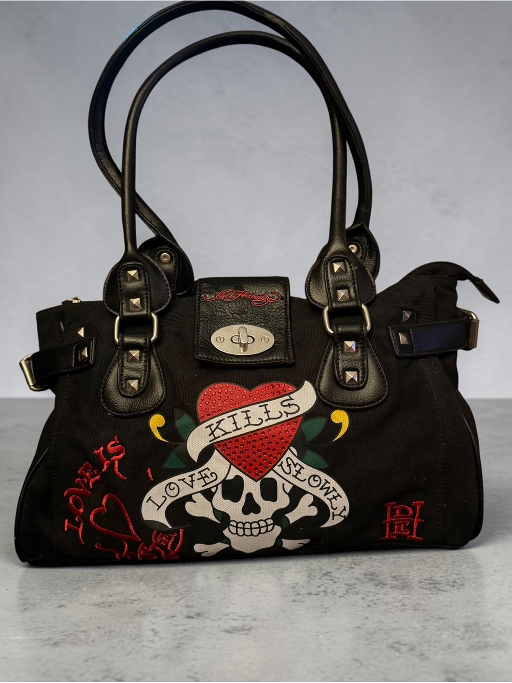 Vintage Y2K Ed Hardy Love Kills Slowly canvas satchel bag